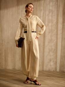 MOTF PREMIUM Áo sơ mi dài tay cổ ruy băng bằng vải lanh, kiểu dáng cổ điển, thanh lịch, thích hợp cho việc đi làm, mùa xuân/hè. - Màu be - Xem 5