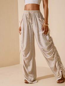 Vesra 女士纯色抽绳腰带口袋褶皱休闲百搭日常裤 - 杏色 - 查看 4