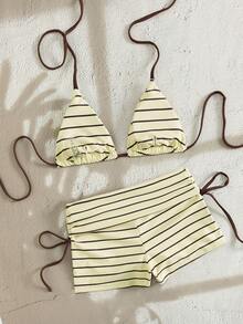 Swim Mod 2pcs Women's Striped & Random Print Halter Backless Top + Side Tie Shorts Elegant Sexy Fashion Beach Vacation Bikini Swimwear Set, Spring/Summer - Light Yellow - View 2