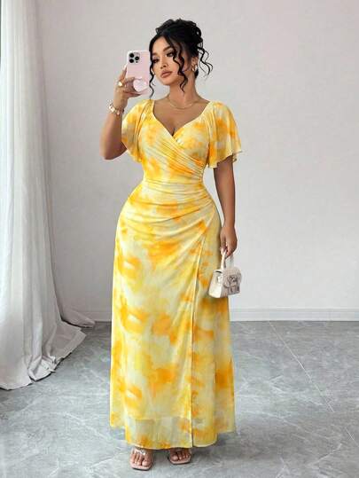 Elenzga Plus Size V-Neck Layered Mesh Knit Bodycon Ruched Slit Maxi Dress, Elegant Tie-Dye Marble Print Pattern, Vacation Style Design, Sexy & Slimming