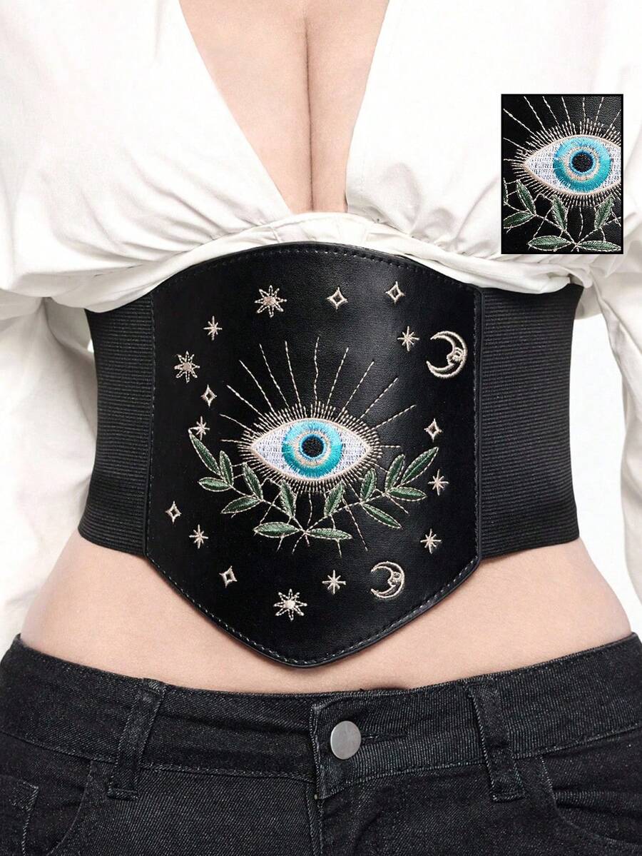 ROMWE Goth 一件式女士眼睛星星月亮叶子图案刺绣装饰深色系弹力皮腰束身连衣裙牛仔裤配饰日常百搭 - 黑色皮革眼睛樹葉腰封 - 查看 1