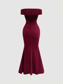 SHEIN PETITE 小码系列女士优雅露肩晚礼服 - 酒紅色 - 查看 2