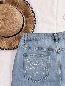 SHEIN ICON Women's Rhinestone Star Washed Denim Straight Leg Shorts - Light Wash - View 6