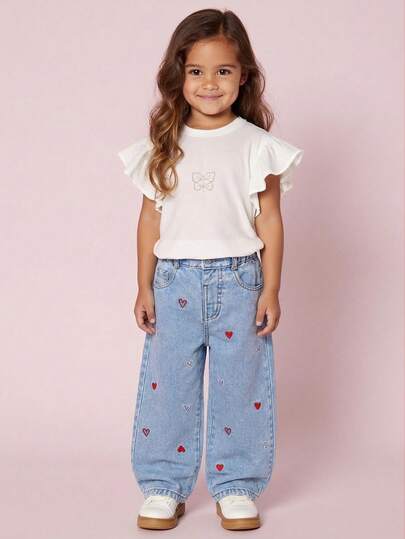 1pc Young Girls' Light Blue Washed Denim Wide Leg Pants With Heart Embroidery, A Fashionable And Versatile Item Recommended For Sweet And Stylish Street, Campus, And Daily Wear. Made Of Soft Washed Denim Fabric With Heart Embroidery, The Loose And Wide-Leg Design Is Flattering For All Body Types. Elastic Waistband For Easy Wear. Suitable For School, Shopping, Traveling, And All-Season Styling.