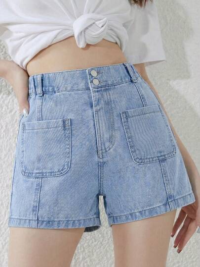 Vintage Washed Denim Shorts For Tween Girl, Casual Street Style Recommendation. High-Waisted Design With Elastic Waistband Elongates The Proportion, Large Pockets Add Utilitarian Vibe For Layered Look. For Spring Outing, Summer Shopping Or Beach Vacation.