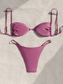 Swim Vcay 2026春夏紫色亮珍珠装饰可调节侧开衩性感比基尼套装，适合海滩和阳光下拍照，小号比基尼，三角比基尼套装，度假比基尼，珍珠粉色比基尼，女士泳装 - 紫色 - 查看 4