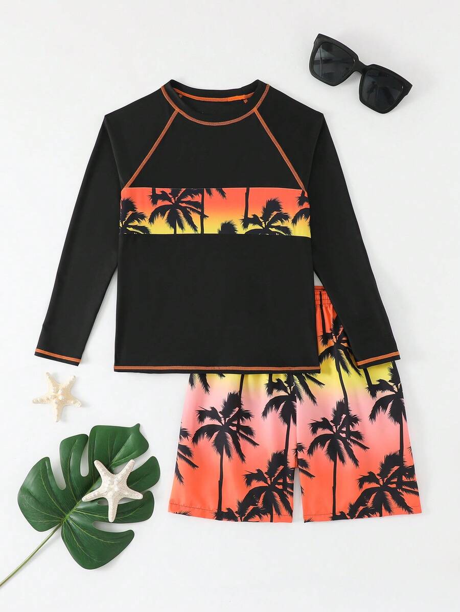男童两件套泳衣，日落橙渐变棕榈树印花搭配黑色棕榈树印花，适合度假、夏季、海滩、泳池、节日派对、休闲泳裤 - 彩色 - 查看 1