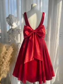 SHEIN MOD Đầm midi dáng chữ A màu đỏ hở lưng thắt nơ, cỡ lớn, kiểu vintage, thích hợp làm đầm cưới, đầm hẹn hò, đầm ngày Valentine. - Đỏ - Xem 6