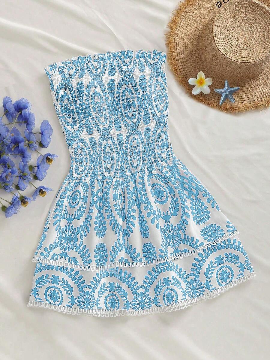 Elamini Navy Blue Strapless Ruched Waist Slim Fit Hollow Embroidered Ruffle Hem Bohemian Style Versatile A-Line Mini Dress - Multicolor - View 1