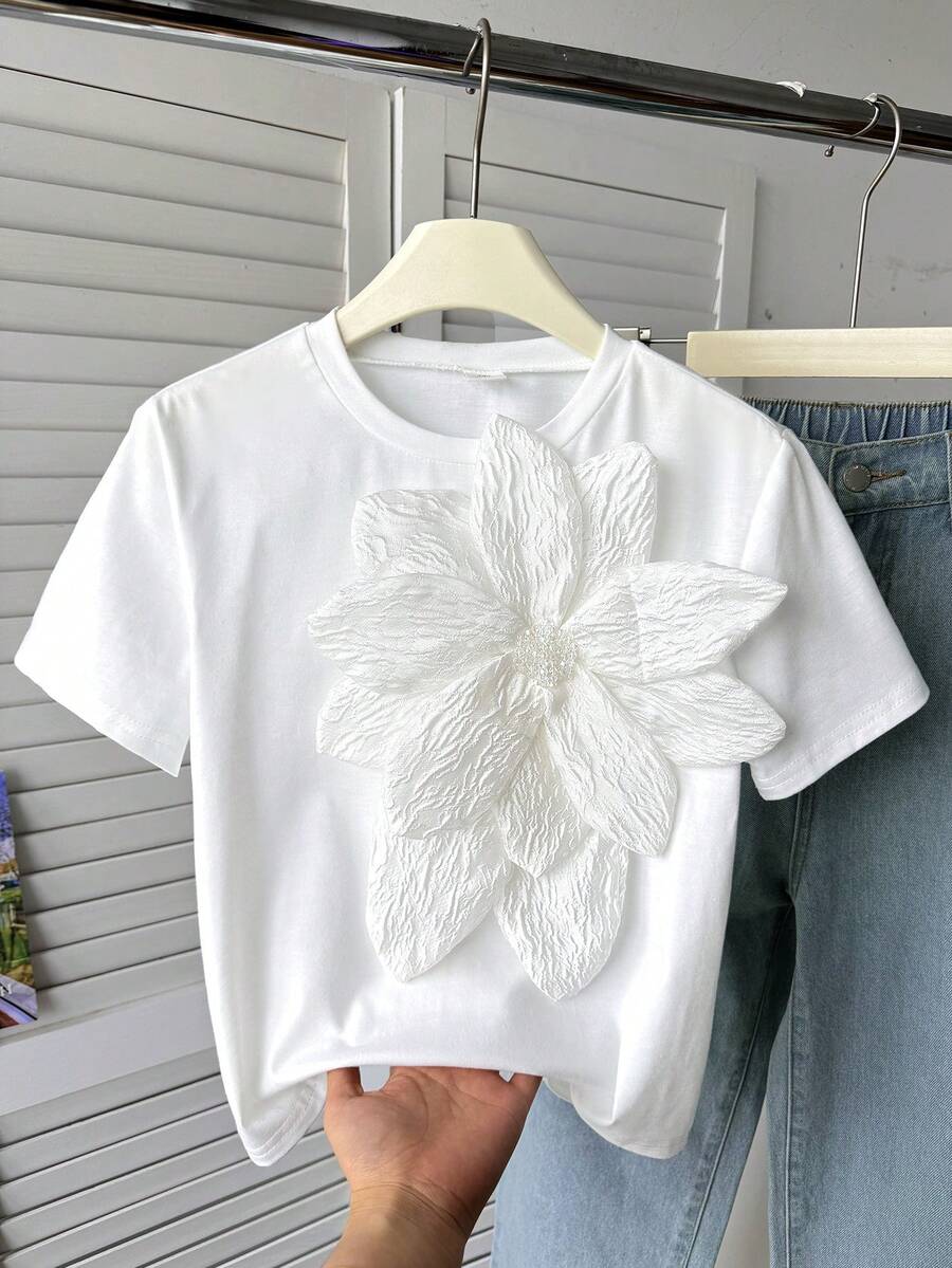 SHEIN Girls' Elegant 3D Floral Crew Neck T-Shirt, Casual & Commuting, White - White - View 1