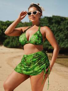 Swim SXY 大码女式两件套花卉豹纹比基尼上衣和配套花卉豹纹半身裙休闲沙滩度假泳装套装 - 綠色 - 查看 3