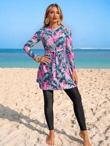 Swim Mulvari Women's Tropical Plant Print Short Sleeve Top And Leggings Casual Burkini Swimwear Set - Multicolor - View 3