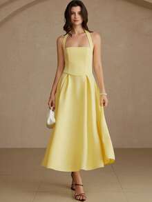 Aveloria Rosie Elegant Retro French Chic Dopamine Color Halter Waist Cinching Sexy A-Line Pleated Midi Dress, Structured Tailoring, Concealed Back Zipper, Women's Spring/Summer New, Suitable For Dates, Vacations, Weddings, Parties, And Everyday Wear - Yellow - View 4