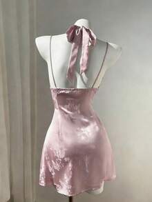 Elamini Women's Elegant Satin Tie-Waist A-Line Mini Dress, Casual Everyday Wear, Suitable For Dates, Outings, Spring/Summer - Pink - View 2