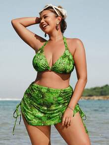 Swim SXY 大码女式两件套花卉豹纹比基尼上衣和配套花卉豹纹半身裙休闲沙滩度假泳装套装 - 綠色 - 查看 1