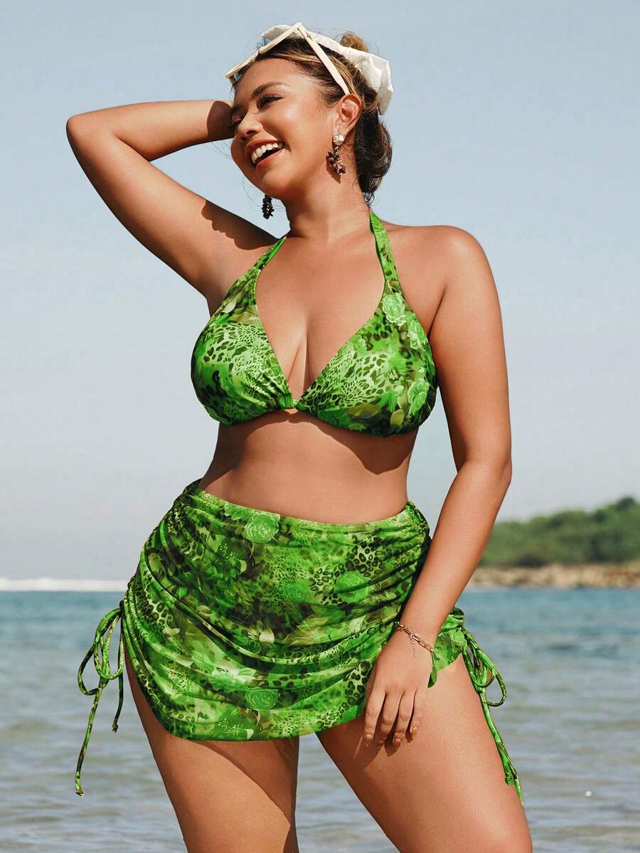 Swim SXY 大码女式两件套花卉豹纹比基尼上衣和配套花卉豹纹半身裙休闲沙滩度假泳装套装 - 綠色 - 查看 1