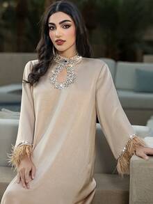 Layrah Handmade Rhinestone & Feather Trim Loose Arabic Maxi Dress Formal Elegant Party Uxury Evening Dresses Wedding Party Dress - Apricot - View 6