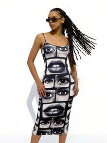 Slouenne Slouenne Đầm dệt kim in kỹ thuật số dài đến đầu gối, dây đeo có thể điều chỉnh, dành cho nữ, mùa hè. - màu đen - Xem 4