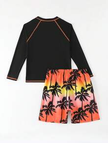 男童两件套泳衣，日落橙渐变棕榈树印花搭配黑色棕榈树印花，适合度假、夏季、海滩、泳池、节日派对、休闲泳裤 - 彩色 - 查看 2