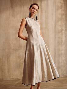 MOTF PREMIUM ELEGANT SLEEVELESS ROUND NECK CONTRAST TRIM MIDI A-LINE DRESS, VINTAGE STYLE, SPRING/SUMMER - Apricot - View 5