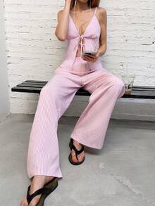 SHEIN Unity 2pcs Striped Cami Tank Top And Wide Leg Pants Set For Women - Pink - View 6