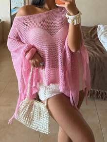 Sunnyshic Women's Pink Beach Cover Up Shiny Top, Sequin Sparkle Cover Up, Sexy Sheer Thin Beach Shirt, Summer Party Fashion Tassel Clothing - Pink - View 5