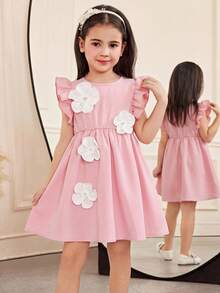 SHEIN Đầm dệt màu trơn thanh lịch cho bé gái, kiểu dáng ôm sát, họa tiết hoa, tay bồng, viền bèo, chất liệu vải dệt, thích hợp cho phong cách thường ngày/nghỉ dưỡng. - Hồng - Xem 6