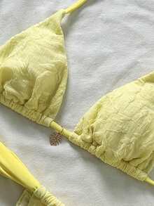 Swim Mod Women's Jacquard Fabric Halter Bikini Set, Spring/Summer - Yellow - View 5