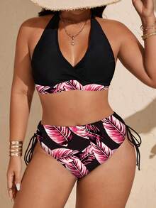 Swim Vcay 2025 Nouveau Ensemble Bikini Grande Taille ras-du-cou Nœud Imprimé Feuilles Tropicales Sexy Croisé Cordon de Serrage, Style Plage, Européen et Américain Transfrontalier - Rose bonbon - Voir 1