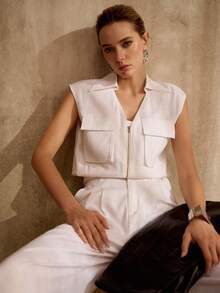 MOTF PREMIUM WOMEN'S WHITE SLEEVELESS LOOSE ZIP ELASTIC WAIST ELEGANT COMMUTER BLAZER - White - View 5