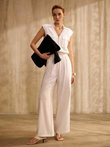 MOTF PREMIUM WOMEN'S WHITE FOLDED HEM LINEN BASIC ELEGANT OFFICE SUIT PANTS - White - View 3