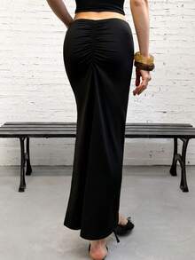 FavEase Women's Casual Commuter Knit Elastic Waist Slit Skirt, Slimming Fit, Solid Black, Minimalist Fashion, Spring/Summer New - Black - View 1