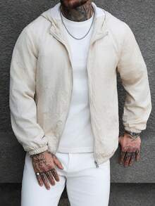 SLATEMANN Men's Solid Color Long Sleeve Zip Front Pocket Hoodie Jacket - Khaki - View 6