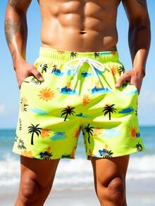 Manfinity Swimmode 男士抽绳腰带口袋椰树印花休闲度假沙滩短裤 - 綠色 - 查看 4