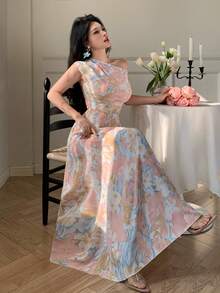 Modelyn 女士褶皱腰身修身斜肩印花连衣裙，春夏款 - 彩色 - 查看 7