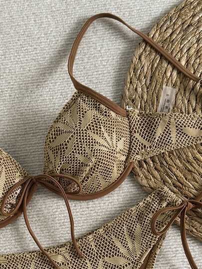 Swim Vcay 2026 Spring/Summer Brown Grid Steel Bra Supportive Spaghetti Strap Adjustable Side High Cut Lace-Up Thong Bikini Set, Backless Design Suitable For Beach Photography, Women's Swimwear, Vacation Style