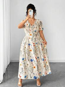 Elenzga 时尚休闲度假法式复古优雅浪漫花瓣袖系腰蝴蝶结印花连衣裙 - 杏色 - 查看 6