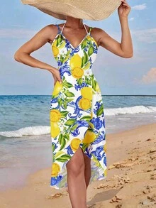 Swim Vcay 女士夏季沙滩数码柠檬印花网纱裹身连衣裙罩衫 - 黃色 - 查看 4