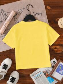 SHEIN Áo thun ngắn tay cổ tròn in hình thỏ hoạt hình và trứng Phục Sinh thời trang cho bé trai, thích hợp mặc ngoài trời, màu vàng, lễ Phục Sinh, mùa hè. - Màu vàng - Xem 2