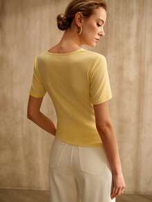 MOTF PREMIUM COTTON ASYMMETRIC HEM RUCHED BOAT NECK SHORT SLEEVE T-SHIRT, SPRING/SUMMER - Light Yellow - View 3