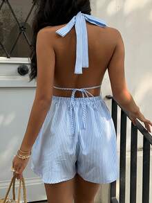 Sunnyshic Women's Blue Striped Deep V-Neck Ruched Halter Backless Sexy Romper, Fashionable & Chic European Style For Summer Vacation - Blue - View 2