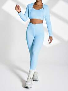 SHEIN 这款天蓝色三件套运动服专为少女设计，包括一件支撑性运动文胸、一件长袖拉链开衫和一条高腰瑜伽裤，全部采用高弹亲肤面料，修身剪裁，尽显身材曲线，适合全年瑜伽、健身房锻炼和休闲运动穿着。 - 藍色 - 查看 5