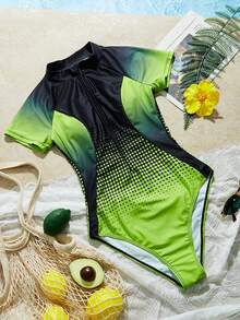 Swim SPRTY Women Summer Beach Vacation Front Zipper Placement Print One Piece Swimsuit - Multicolor - View 5