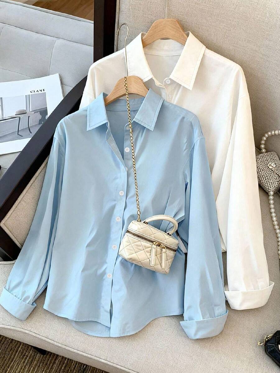 Resyla Áo sơ mi nữ cổ bẻ dáng thường ngày, thích hợp cho mùa xuân/thu, phù hợp cho mùa tựu trường, ngày Nhà giáo, các hoạt động ngoài trời, màu xanh da trời nhạt. - Nhiều màu - Xem 1