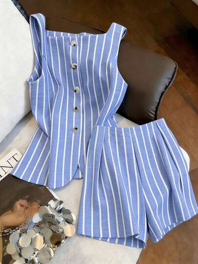 GlowEve CURVE 大码女装两件套：条纹无袖衬衫和短裤，春夏款