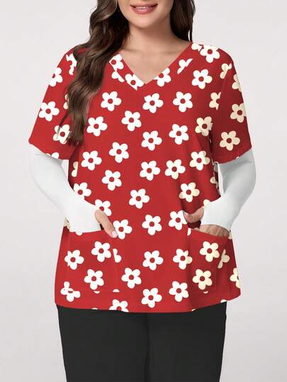 PopScrub 大码女式V领短袖花卉植物印花工作服上衣，带口袋和侧开衩，适合春夏护士/制服穿着