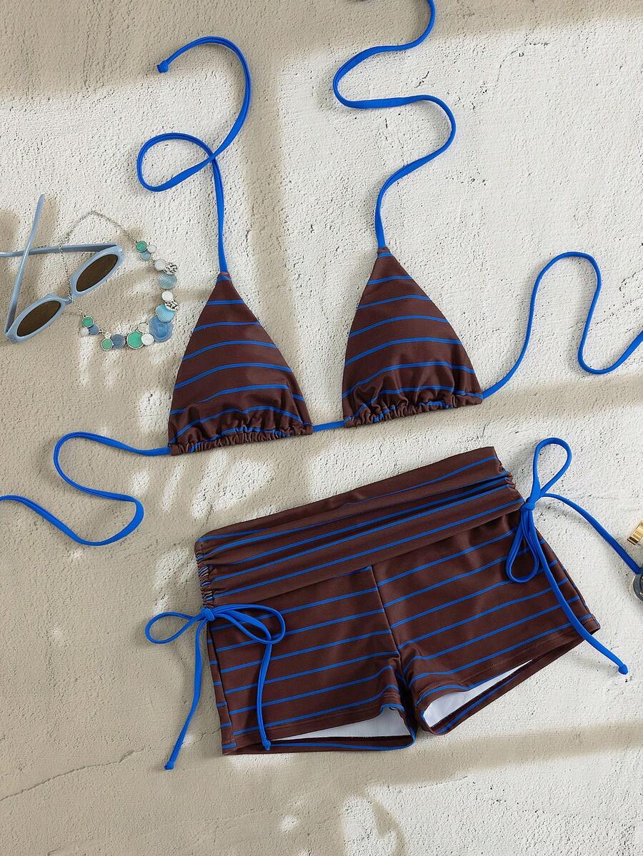 Swim Mod 2件套女士条纹和随机印花露背吊带上衣+侧系带短裤,优雅性感时尚沙滩度假比基尼泳装套装,春夏款 - 鏽棕色 - 查看 1