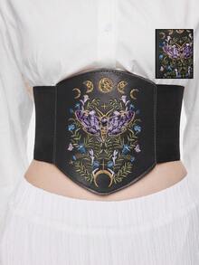ROMWE Goth Áo corset da co giãn màu tối, thêu họa tiết lá, trăng và hoa, kiểu dáng trang trí, thích hợp mặc hàng ngày, kèm quần jeans. - Màu đen da bướm đêm lá hoa mặt trăng thắt lưng - Xem 8