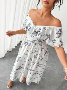 Elenzga Plus Size Elegant Off-Shoulder Ruffle Waist A-Line Dress, Suitable For Party And Summer - White - View 6