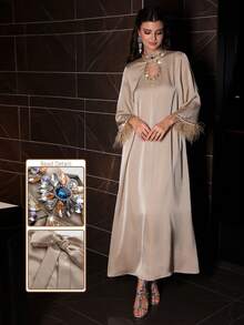 Layrah Handmade Rhinestone & Feather Trim Loose Arabic Maxi Dress Formal Elegant Party Uxury Evening Dresses Wedding Party Dress - Apricot - View 9